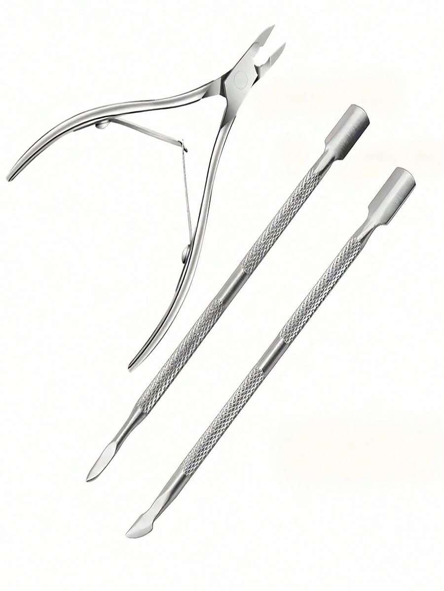 2 Sets Professional Stainless Steel Nail Clippers And Trimmers, Multi-Function Nail Cuticle Pusher, Suitable For Manicure And Nail Care, Includes Metal Nail Clippers And Dual-Head Pusher - Silver - View 1