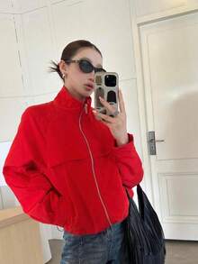 Plus Size Women's Casual Jacket, Red, Short Stand Collar, Commute, Vacation, Preppy Style, Loose Fit, Versatile Jacket - Red - View 1