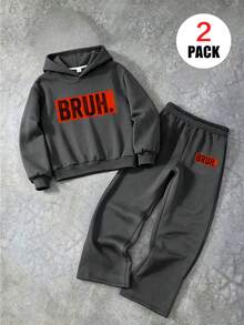 2pcs Boys' Casual Outfit,Including "BRUH" Print Hoodie+Wide-Leg Set,Soft Comfortable,Suitable For Autumn&Winter Wear. - Dark Grey - View 3