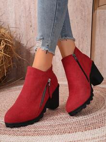 Women's Autumn/Winter Solid Color Side Zipper Chunky Heel Ankle Boots, Fashion Thick Platform Waterproof Versatile Western Style Side Zipper Chunky Heel Holiday Outdoor - Red - View 3