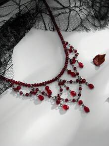 1pc Vintage Gothic Style Red Crystal Beaded Necklace, Multi-Layer Tassel Choker, Women's Daily Party Accessory - Burgundy - View 5