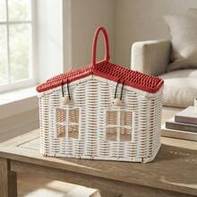 1pc Creative House-Shaped Woven Storage Box With Lid And Decorative Handle, Multi-Purpose Home Desktop And Shelf Organizer Basket, Fun Room Decor, Holiday Display Storage Box, Storage Basket - Multicolor - View 1