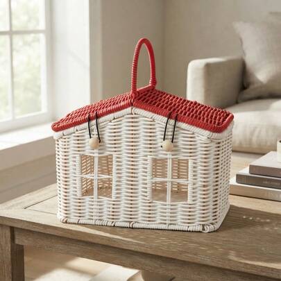 1pc Creative House-Shaped Woven Storage Box With Lid And Decorative Handle, Multi-Purpose Home Desktop And Shelf Organizer Basket, Fun Room Decor, Holiday Display Storage Box, Storage Basket