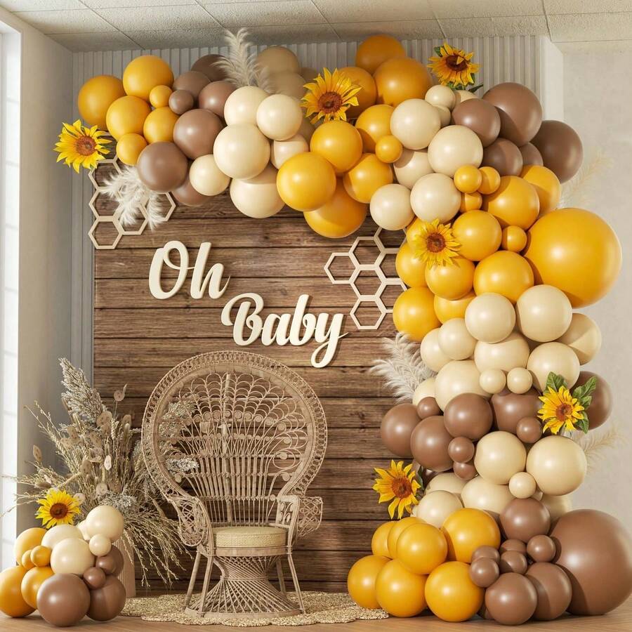 140pcs Bee Balloon Arch Garland Set, Includes Brown, Mustard Yellow, Yellow, Sand, White Balloons, Sunflower Bee Theme Birthday Babyshower Decoration - View 1
