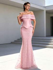 AMILUCK High-End Fashion Women's Elegant Sequin & Pearl Decorated Matte Satin Ruffle 2-In-1 Fitted Mermaid Evening Gown, Suitable For Formal Occasions, Weddings, Parties, Autumn - Baby Pink - View 2