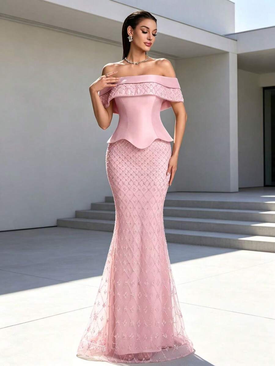 AMILUCK High-End Fashion Women's Elegant Sequin & Pearl Decorated Matte Satin Ruffle 2-In-1 Fitted Mermaid Evening Gown, Suitable For Formal Occasions, Weddings, Parties, Autumn