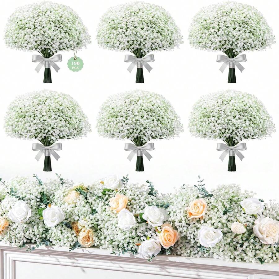40PCS Starry Sky Simulation Flowers, Loose Starry Sky Simulation Flowers Real Touch Gypsophila White Fake Flowers For Wedding Bouquet Party Floral Arrangement Home Garden Decor - White - View 1