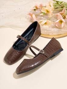 HFSHUNXY Flatjoy Chocolate Brown Crocodile Embossed Mary Jane Shoes For Women Square Toe Single Strap Low Heel Retro Preppy Commute Versatile Shoes - Brown - View 2