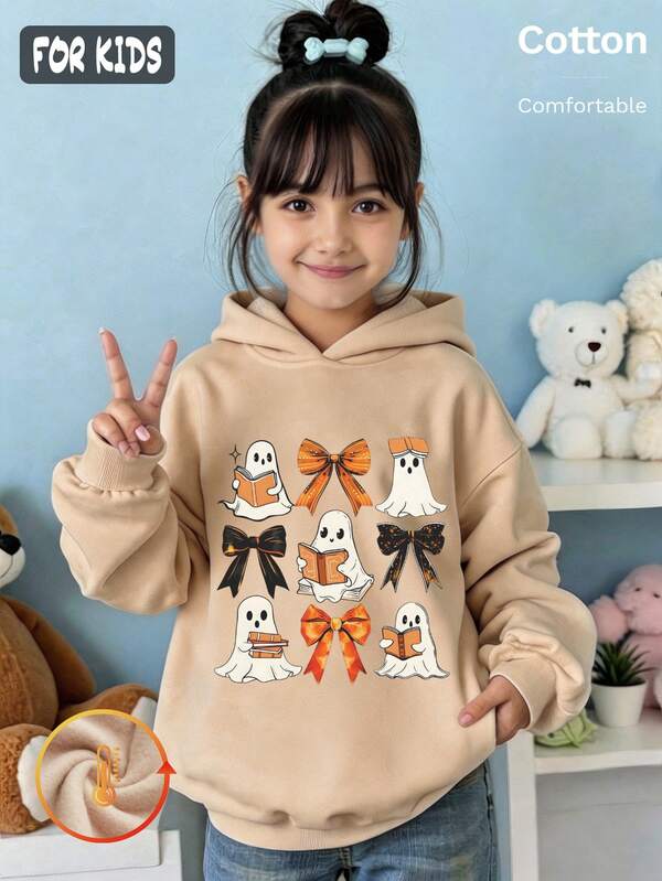 Autumn Girls Ghost & Bow Print Hoodie Long Sleeve Casual Top For Halloween