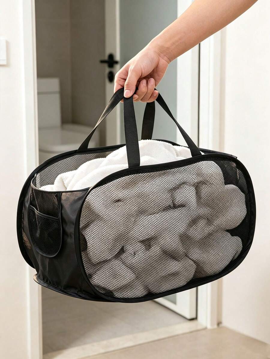 New Foldable Laundry Basket, Breathable Mesh Design To Remove Odors, Quick Folding, Large Capacity Bathroom Storage Basket, Pop-Up Mesh Dirty Clothes Basket, With Side Pockets, Clothing Storage Basket, Dirty Clothes Sorting Basket - Multicolor - View 1
