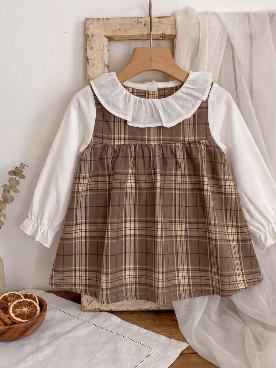 Girls' Spring/Autumn New Plaid Dress, Brown Check 2 In 1 Peter Pan Collar Long Sleeve Princess Dress - Khaki - View 1