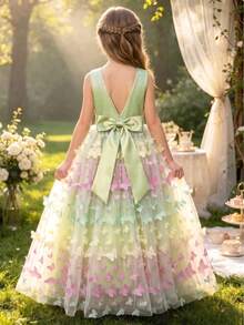 Tween Girl Green Princess Backless Colorful Butterfly Dress, Teens Flower Girl Wedding Party Formal Gown - Green - View 5