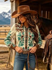 VEXHEIMA Women's Western Style Fashion Vintage Colorblock Horse & Floral Embroidery Print Lapel Long Sleeve Blouse, Versatile - Multicolor - View 1