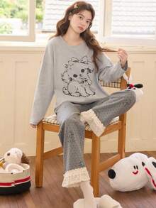 2pcs Women's Pajama Set, Pullover Round Neck Cute Animal Print Minimalist Long Sleeve Cropped Pants, Suitable For All Seasons - Grey - View 7