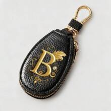 Litchi Pattern Key Bag -Black Gold Letters A-Z Car Key Protection Cover,PU Key Storage Clip,Zipper Bag,Car Key Storage Device,Car Keychain,Unisex Gift - Multicolor - View 23