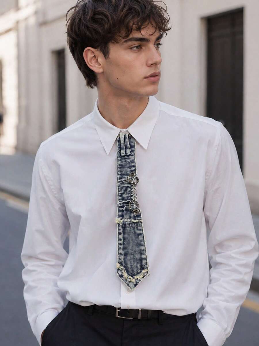 1pc Distressed Washed Denim Decorative Tie-Free Accessory With Frayed Edge Patch Pocket And Metal Ring Chain, Cool Subculture Style - Multicolor - View 1