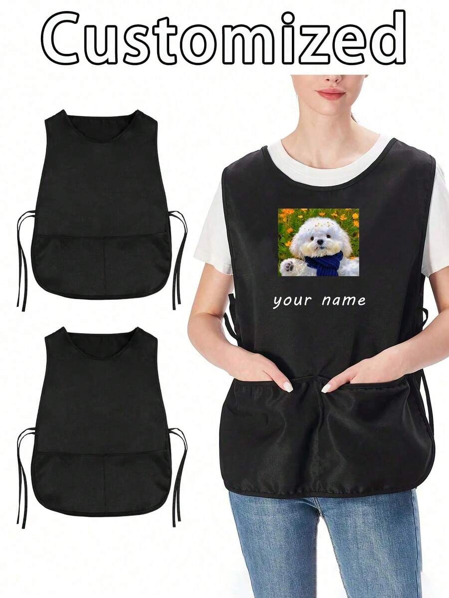 1pc Customized Dust-Proof Apron, Personalized Photo Customized Hairdresser Apron, Customized Kitchen Cooking Apron, 2 Pockets Quick-Dry Apron, Suitable For Home Men And Women, Modern Polyester Oil-Resistant Apron, Quick-Dry, Solid Color, Kitchen And Home Use - Multicolor - View 1