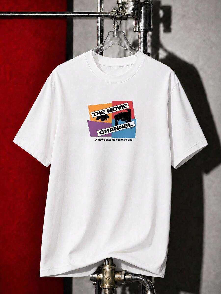 Men's-Shirt, Black And White Retro Movie Channel Graphic Tee, Casual Short Sleeve Streetwear Top Daily Wear And Film Night Outings