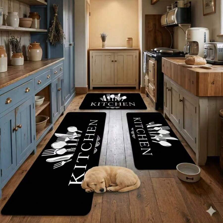 3pcs Non-Slip Kitchen Mat Set, Easy To Clean Durable Floor Mat, Suitable For Kitchen And Hallway, Kitchen Decor And Extension, Halloween Decoration - Black - View 1