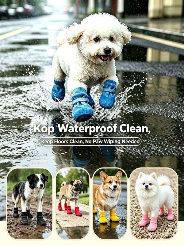 4pcs Random Style Waterproof Pet Dog Shoes, Anti-Slip Soft Sole Scratch-Resistant Washable Reusable Durable Paw Protectors, Suitable For Bichon, Corgi And Other Small To Medium Dogs, For Rainy, Snowy, Hot Road Outdoor Use