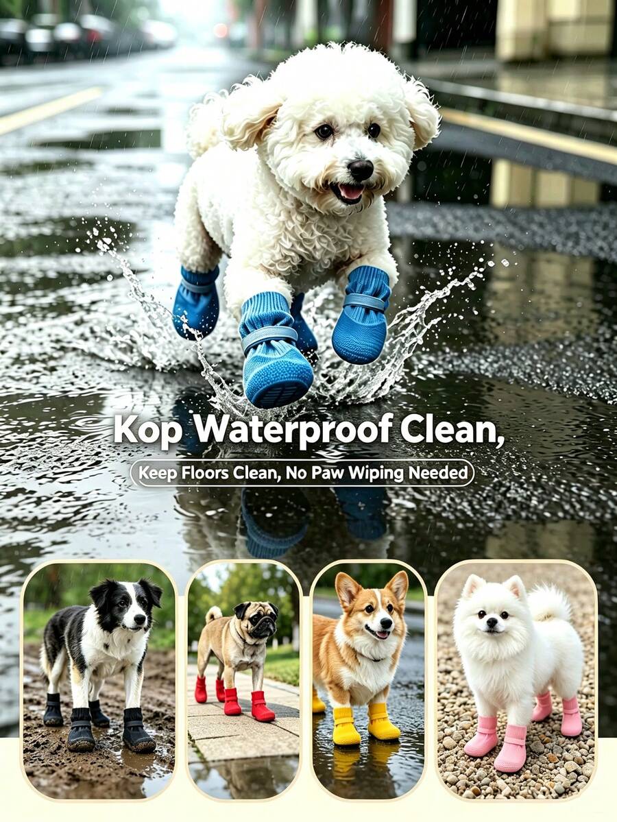 4pcs Random Style Waterproof Pet Dog Shoes, Anti-Slip Soft Sole Scratch-Resistant Washable Reusable Durable Paw Protectors, Suitable For Bichon, Corgi And Other Small To Medium Dogs, For Rainy, Snowy, Hot Road Outdoor Use - Multicolor - View 1