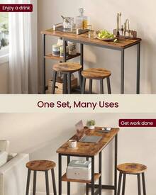 3-Piece Rustic Bar Table Set Compact Kitchen Living Room Dining Solution! Includes 1x Sturdy Steel-Frame Bar Table (40" H) 2x Matching Stools With Cushioned Seats Footrests. Features Open Wood-Look Shelves For Stylish Storageperfect For Cookb - 1 - View 4