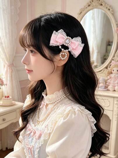 2pcs Sweet Lace Bow Hair Clips With Pearl & Rhinestone Pendant, Lolita Fairy Style Side Hair Accessories