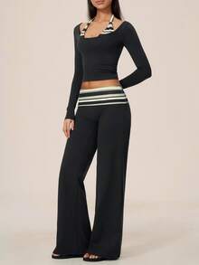 TimeOff Women's One Set Autumn/Winter Striped 2 In 1 Patchwork Oversized Scoop Neck Halter Long Sleeve Folded Waist Wide Leg Pants Sportswear Set - Black - View 9