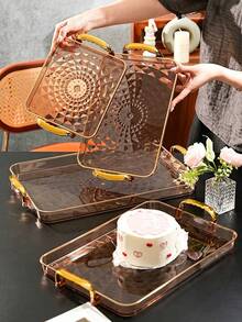 Tray, Gold Thickened Transparent PET Rectangular Tray With Handles, Plastic Storage Tray, Suitable For Tea Cups, Water Cups, Gold Rim Style - Amber - View 6