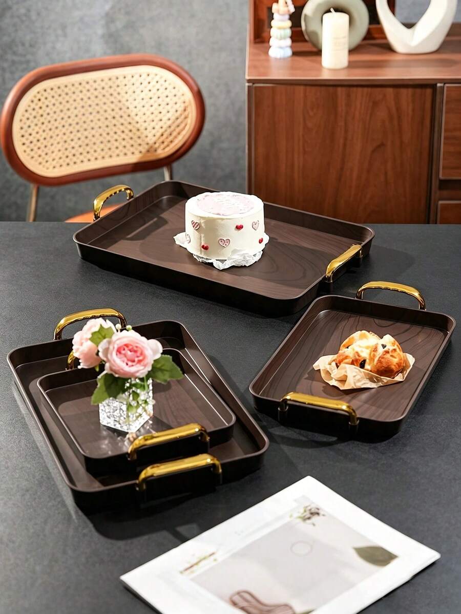 Walnut Wood Grain Tray, Thickened PET Rectangular Tray With Handles, Plastic Storage Tray, Suitable For Tea Cups, Water Cups, Snacks, Fruits, Dried Fruits, Candy Storage - Wood Grain - View 1