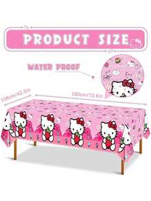 DOBBLE Pink Strawberry Print Cartoon Cat Style Rectangle Tablecloth, Disposable Waterproof Table Cover For Little Girls Birthday Party Dessert Table Favors - Multi-color - View 6