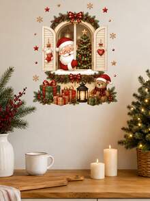 1pc Christmas Window Scene Wall Sticker Santa Claus Reindeer Peeking Through Window Christmas Tree Gift Box Holiday Window Decal Cozy Christmas Home Decor Self-Adhesive Removable Waterproof PVC Peel And Stick Wall Sticker For Home Holiday Decoration - Christmas Wall Decals - View 6