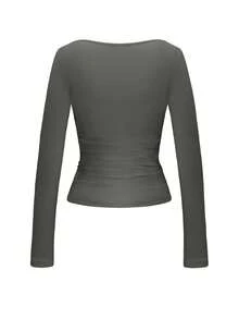 GLAMSKIN 女款條紋性感修身長袖針織上衣，純色方領基礎 T-shirt，適合秋季出遊、日常休閒街頭穿搭、返校季 - 灰色 - 查看 4