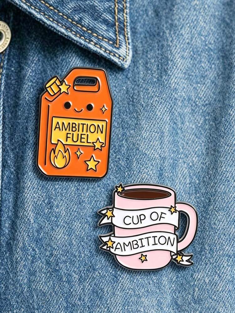 1pc Cute Ambition Fuel Coffee & Gas Tank Brooch 2pcs/Set, Inspirational Text Enamel Lapel Pin Clothing Bag Accessory Gift - Multicolor - View 1