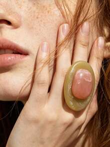 1pc Fashionable Vintage Oval Resin Color Block Adjustable Ring, Elegant & Versatile, Suitable For Women - Multicolor - View 1