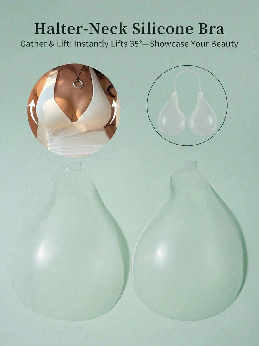 1pc Teardrop Lift-Up Gather Silicone Bra With Detachable Clear Straps, Seamless Invisible Bra For Backless Dresses And Halter Tops - Clear - View 1