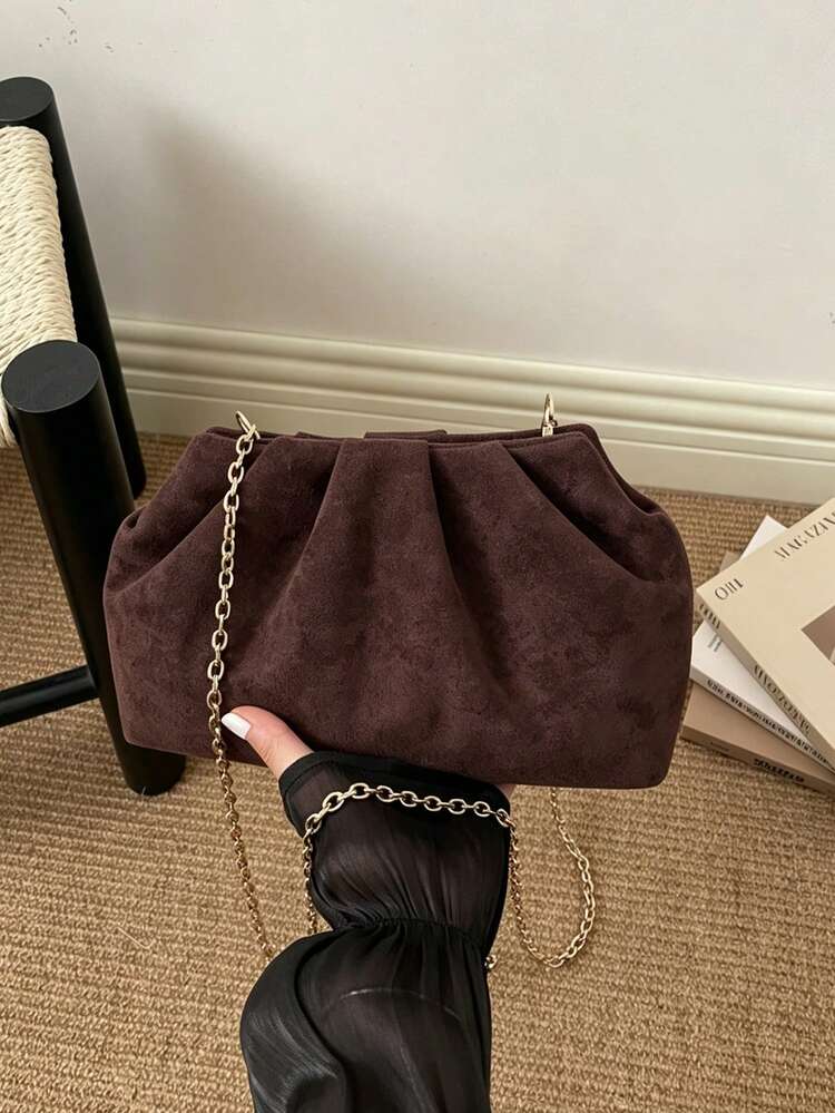 Women's Solid Color Gold Chain Strap Ruched Design Crossbody Shoulder Clutch Bag, Elegant Style, Suitable For Party And Daily Wear, All Seasons - Coffee - View 2