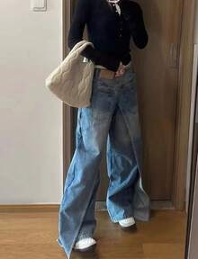 Women Y2K Split Long Denim Pants, High Waisted Loose Wide Leg Trousers, Streetwear Statement Bottoms - Light Blue - View 9