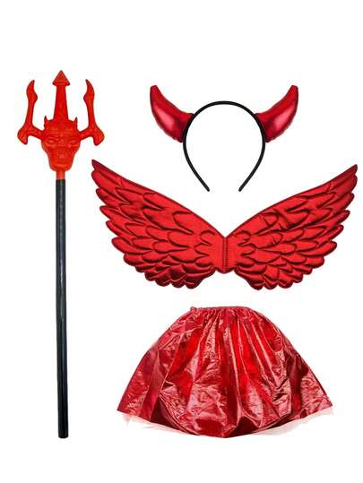 Set Kostum Setan Merah 4 Buah, Termasuk Ikat Kepala Tanduk Setan, Sayap, Trisula, dan Rok, Aksesoris Pakaian Pesta Bermain Peran Halloween
