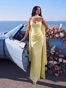 UNITHORSE Spaghetti Strap Ruffle Waist Satin Elegant Dress - Yellow - View 5