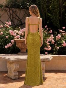 UNITHORSE [Cắt ngẫu nhiên] Đầm dạ hội dây mảnh hở lưng, xẻ tà, đính sequin - Màu Mù tạt vàng - Xem 3