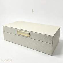 Set Of 2 S & L Size Cream Pebbled PU Leather Jewelry Boxes With Lid, Gold Zinc Alloy Bar Handle, Velvet Lined Rect Accessory Storage Organizer, Modern Luxury Vanity Bedroom Decor Holiday Gift - OFF-white - View 18