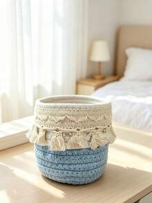 Bohemian Style Woven Tassel Cotton Rope Storage Basket, Handmade Small Desktop Organizer, Decorative Countertop Basket For Cosmetics, Pens, Small Items, Home Vanity Decor - Multicolor - View 12
