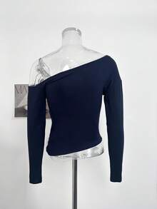 Kaos Lengan Panjang Bahu Asimetris Patchwork Renda Terbaru Musim Gugur, Atasan Slim Fit yang Manis & Seksi dan Menawan - Navy Blue - View 6