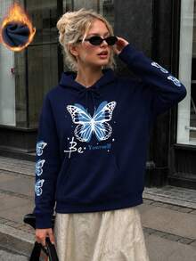 Women's Autumn/Winter New Minimalist Dreamy Girly Sweet Butterfly Print Casual Everyday Versatile Sweatshirt Fall - Navy Blue - View 2