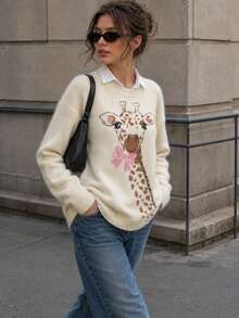 Women's Cute Giraffe Print Ribbed Knit Pullover Sweater, Long Sleeve, Regular Fit, Medium Stretch, Ideal For Autumn/Winter Fall - Apricot - View 1