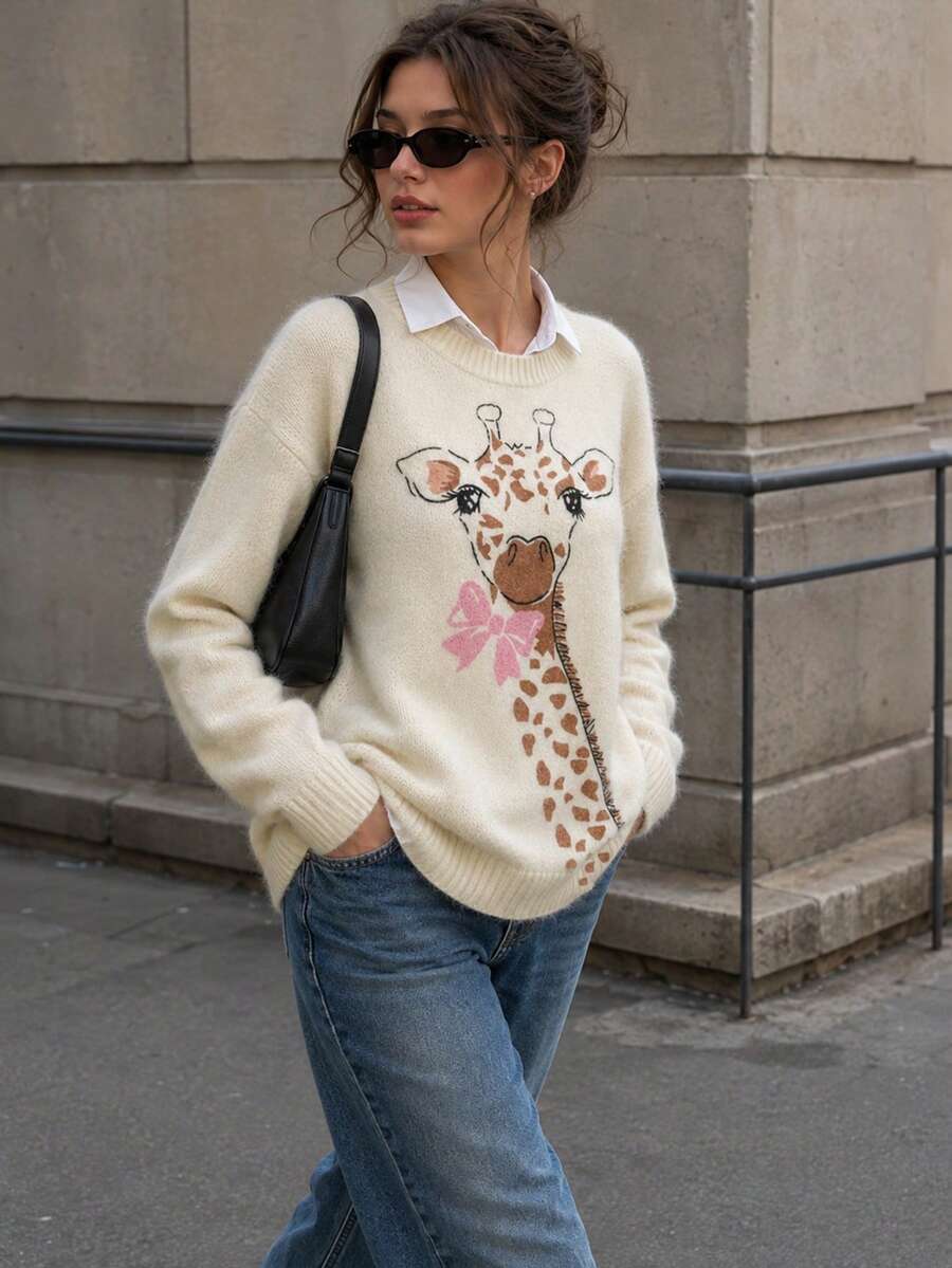Women's Cute Giraffe Print Ribbed Knit Pullover Sweater, Long Sleeve, Regular Fit, Medium Stretch, Ideal For Autumn/Winter Fall - Apricot - View 1