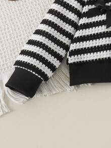 2pcs Baby Girl Sweet Cool Style Striped Hollow Bow Long Sleeve Top & Mesh Puff Skirt Set, Spring/Autumn - Black - View 5