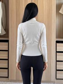 Women's Ribbed Knit Wool Cardigan, Double Zipper Stand Collar, Short Slim Fit, Medium Stretch, Suitable For Autumn/Winter Warm Wear White - White - View 3
