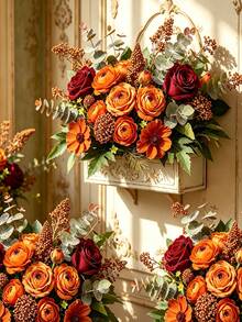 Artificial Flower Bouquet, Including Roses, Daisies, Double-Petal Flowers And Eucalyptus Leaves; Premium Mixed Floral Arrangement, Suitable For Home Decor, Holiday Decoration, Photography Props, Gift Decoration, Autumn Styling And Wedding Display. - Multicolor - View 5